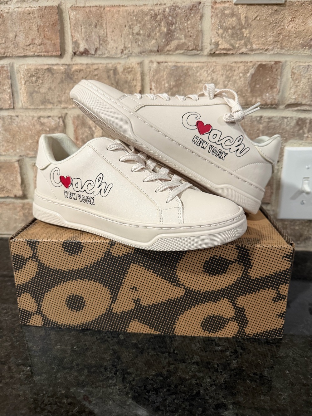 Coach Cream Leather Sneakers with Red Heart Logo